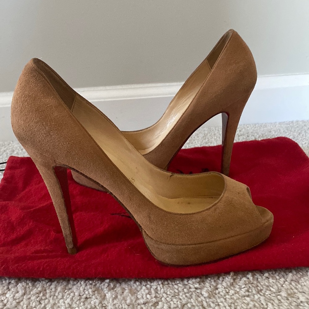Brown Suede Christian Louboutin peep toe heels
